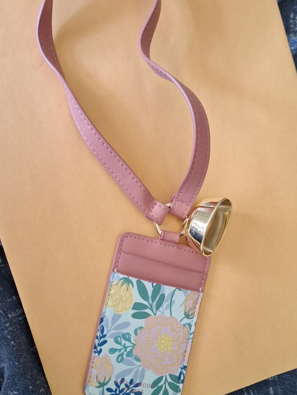 Pink Floral Lanyard ID Holder with Gold Badge Reel Ans Hand Santizer Holder